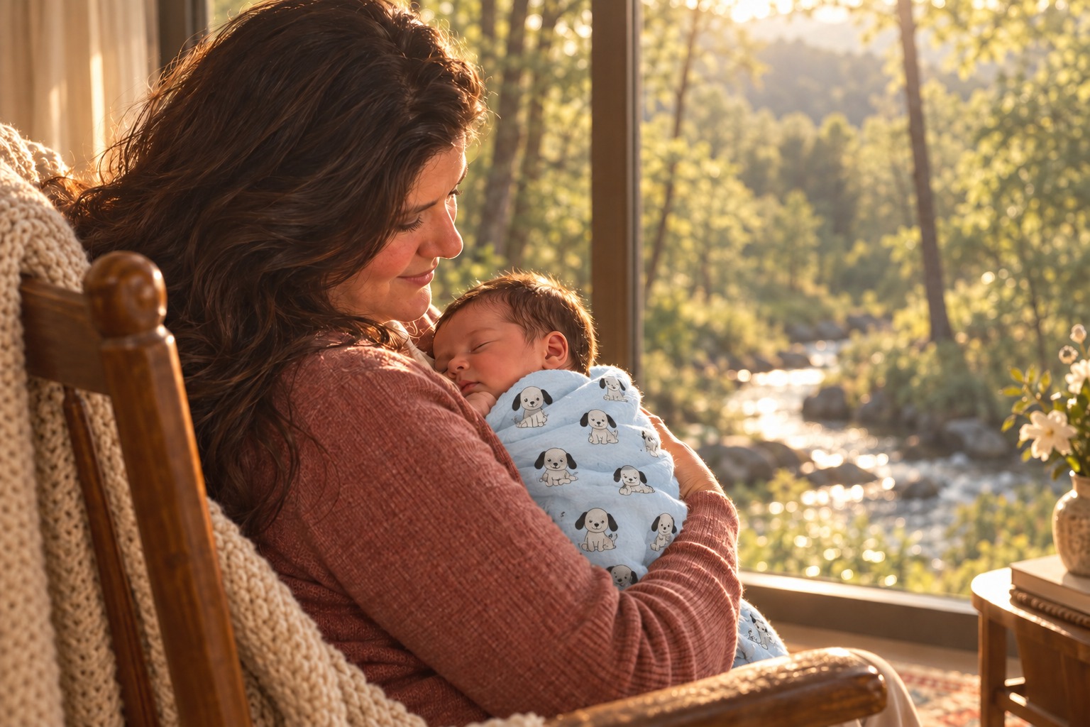 A mother in a wooden rocking chair holding her sleeping newborn son, swaddled in a blue puppy-print blanket, in front of a large window overlooking the woods and a creek